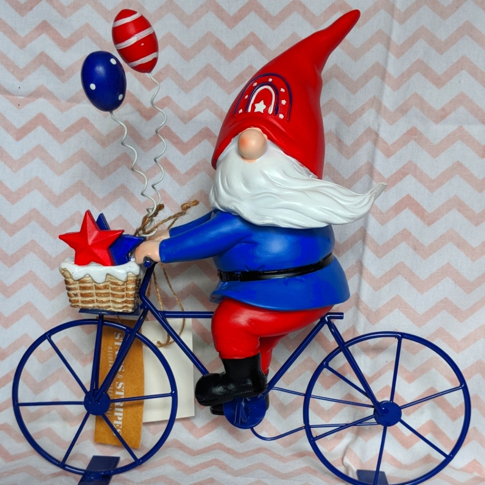 New - Patriotic Gnome on Bike - 12" tall 11" wide